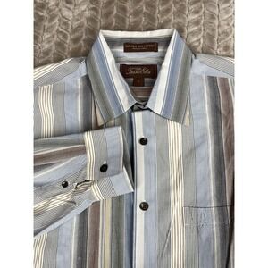 Tasso Elba L Silk Cotton Dress‎ Shirt Striped Long Sleeve Button Front